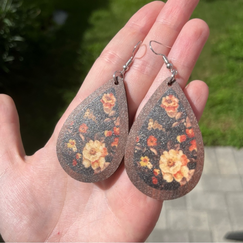 Wooden Vintage Rose Teardrop Earrings